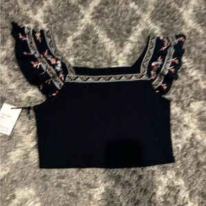 Women's Smocked Flutter Short Sleeve Navy Top w/ Embroidery - Size Large…NWT